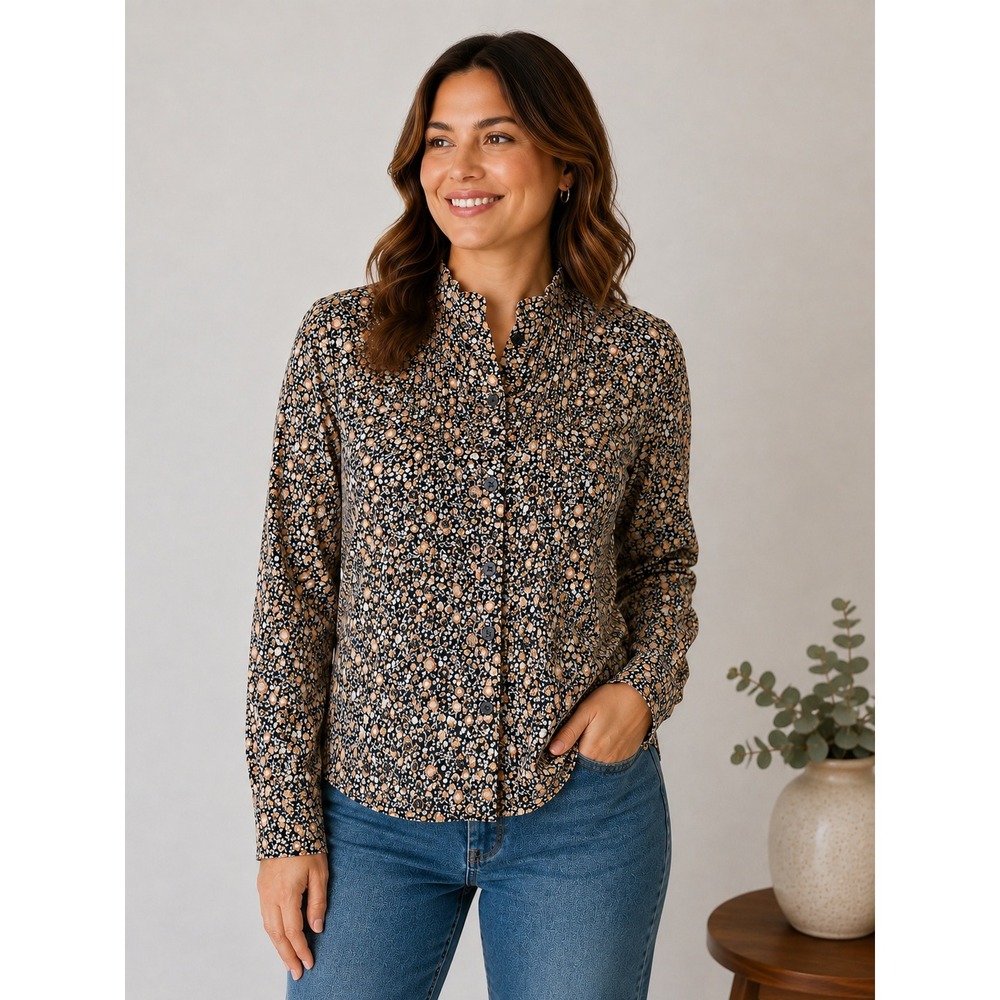 Nili Lotan Button Blouse Women Medium Black Floral Ruffle Neck Pleated Cottageco